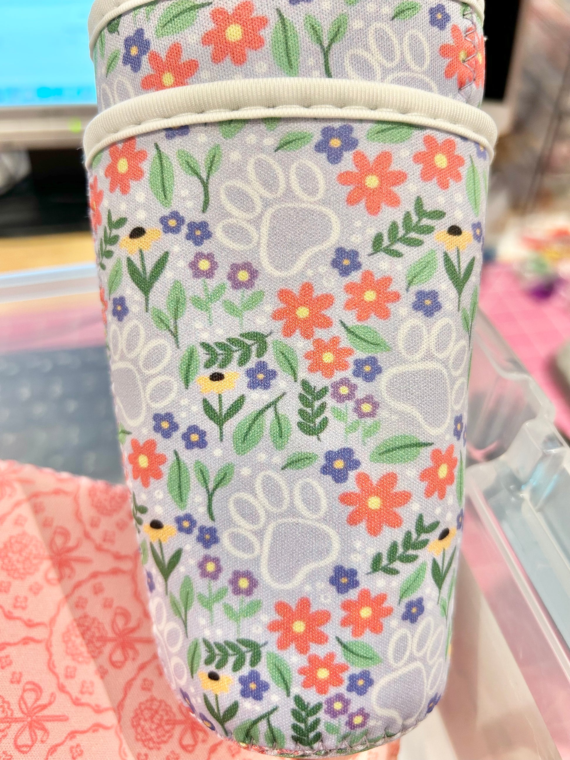 Cup Sleeve - Paw Prints & Florals