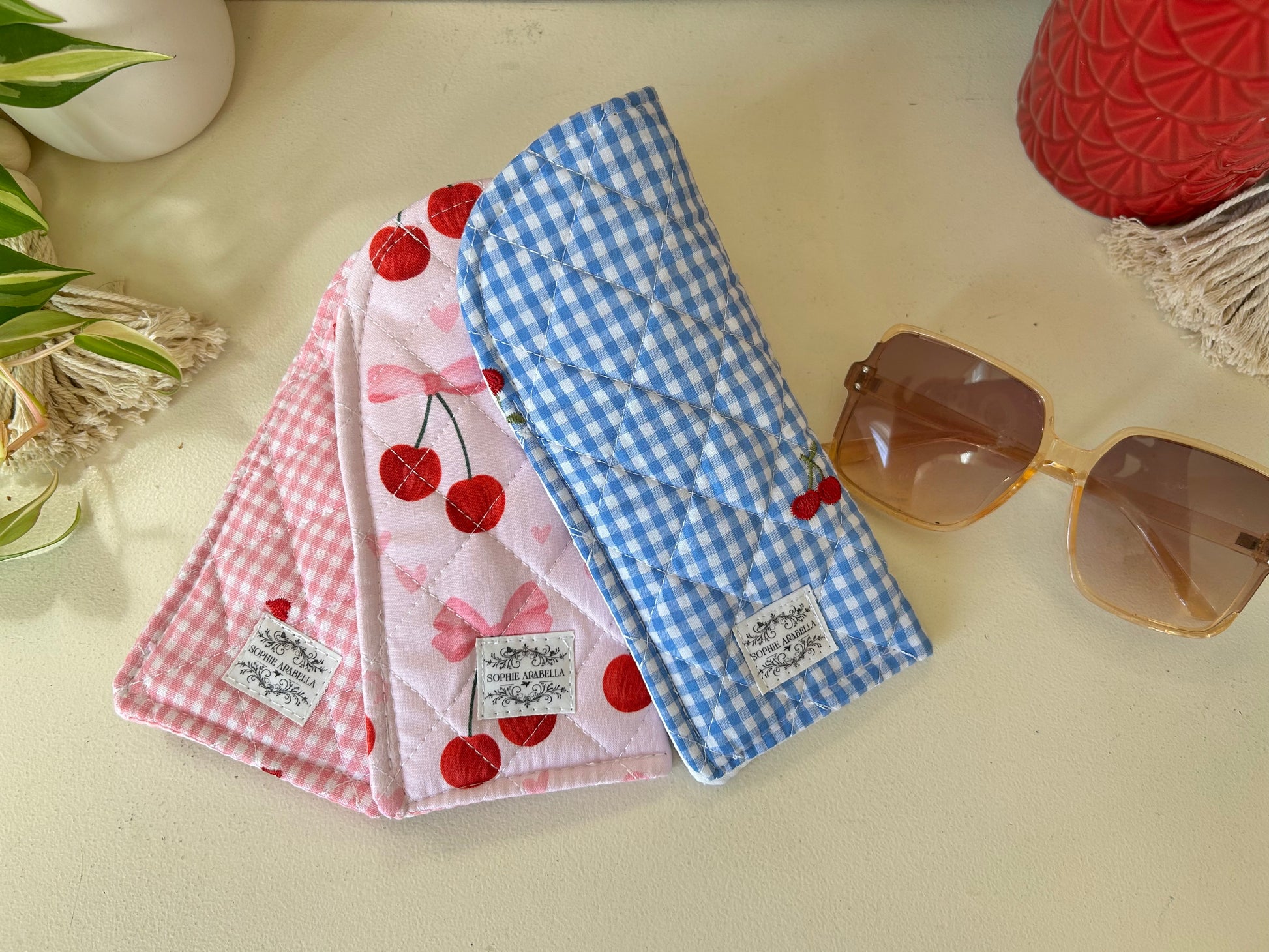Eyeglasses Case - Blue Gingham & Cherries