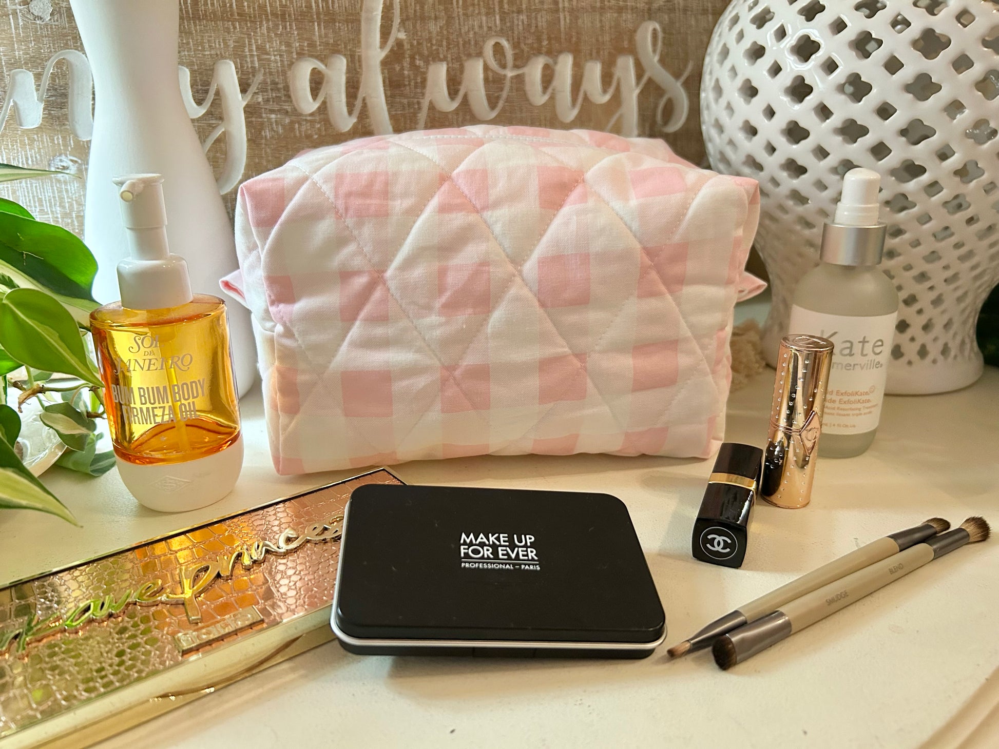 Makeup Bag Pink & White Check