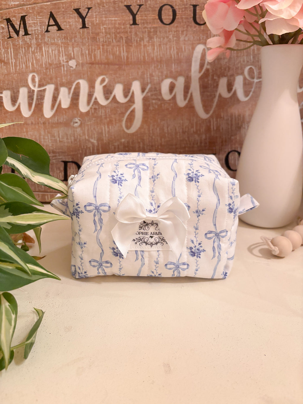 Small Makeup Bag - Blue Ribbons & Bows
