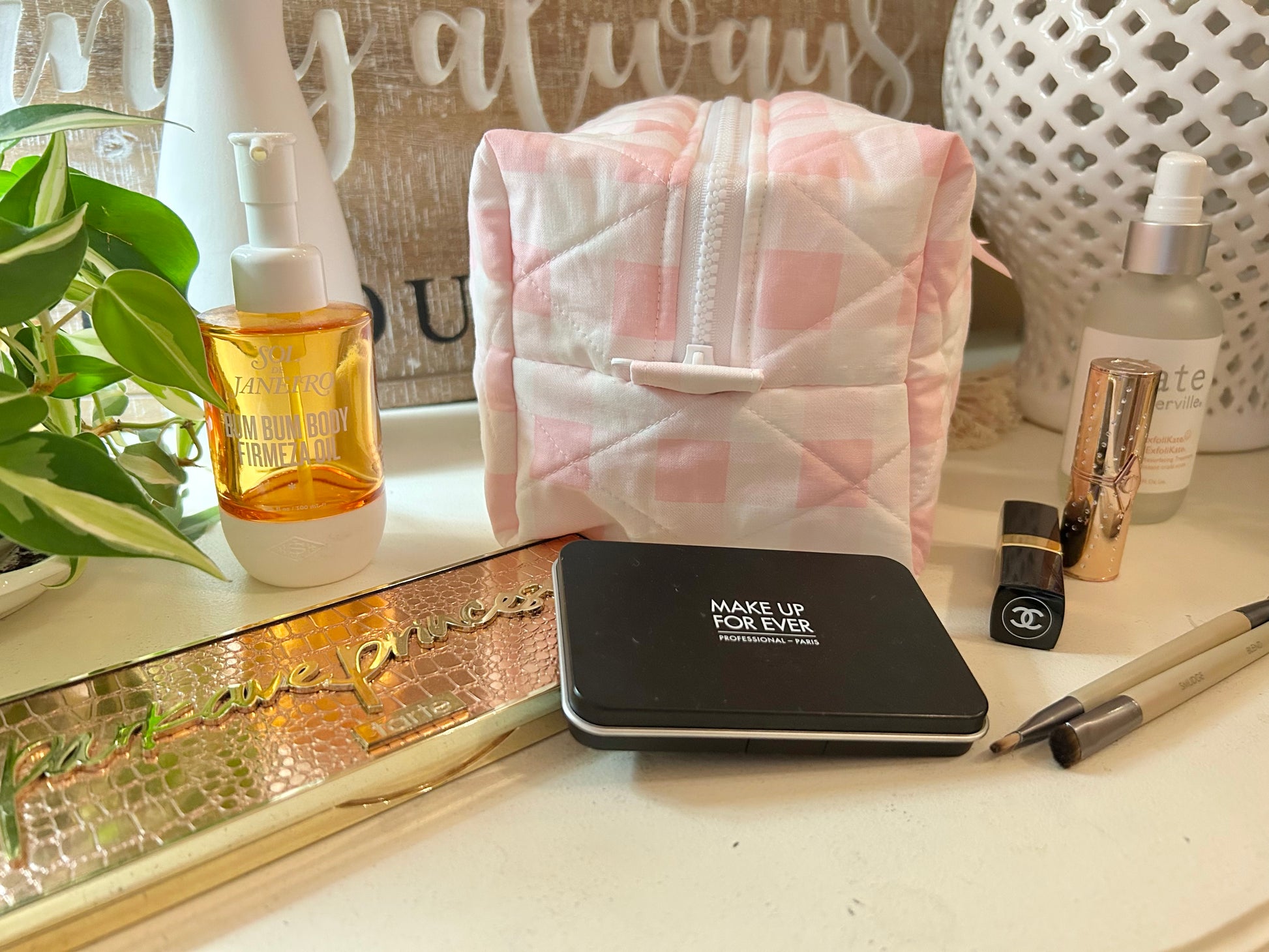 Makeup Bag Pink & White Check