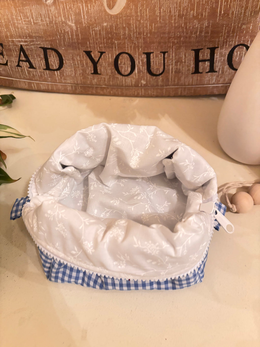 Small Makeup Bag - Blue Gingham & Cherries