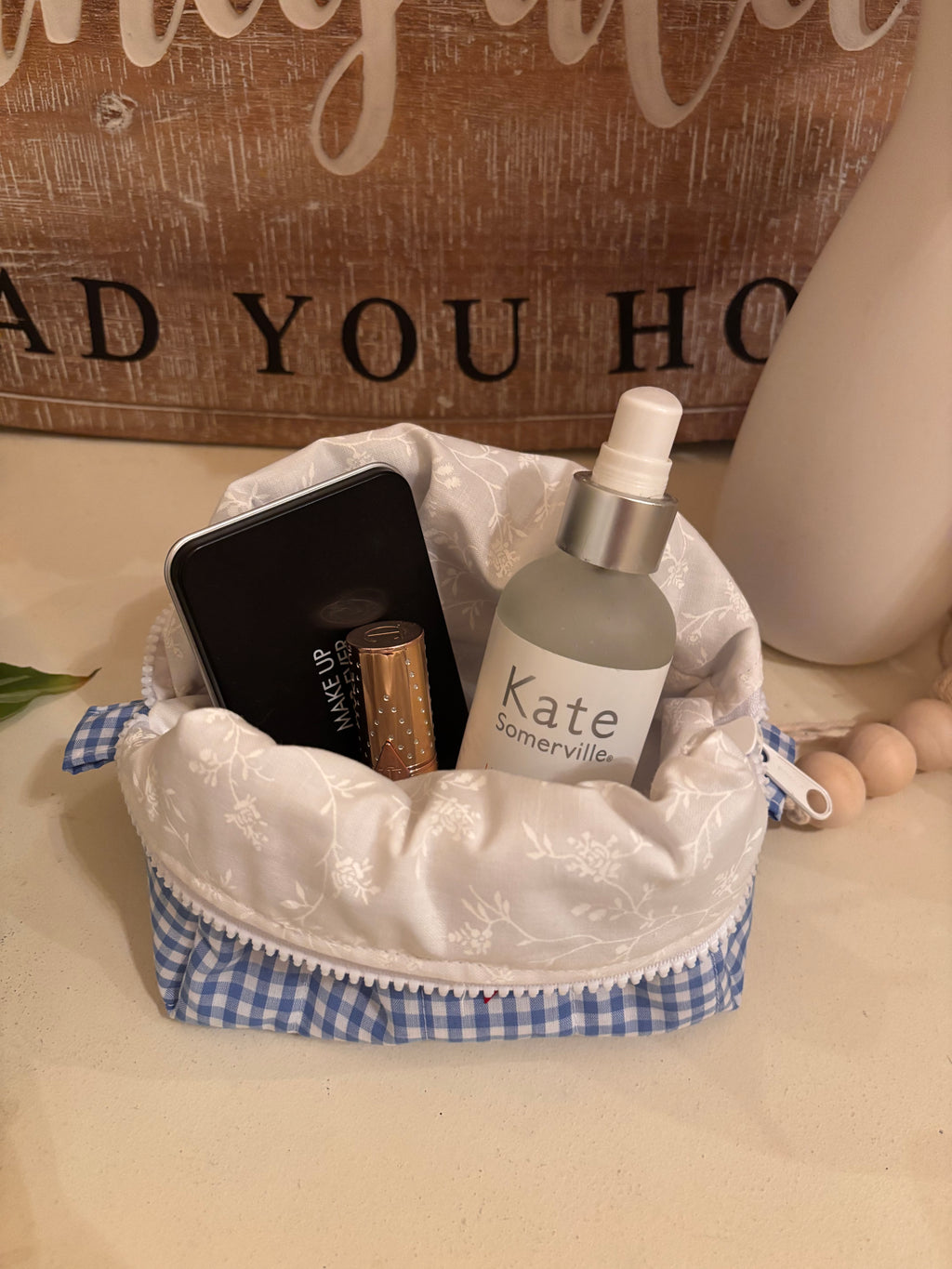 Small Makeup Bag - Blue Gingham & Cherries