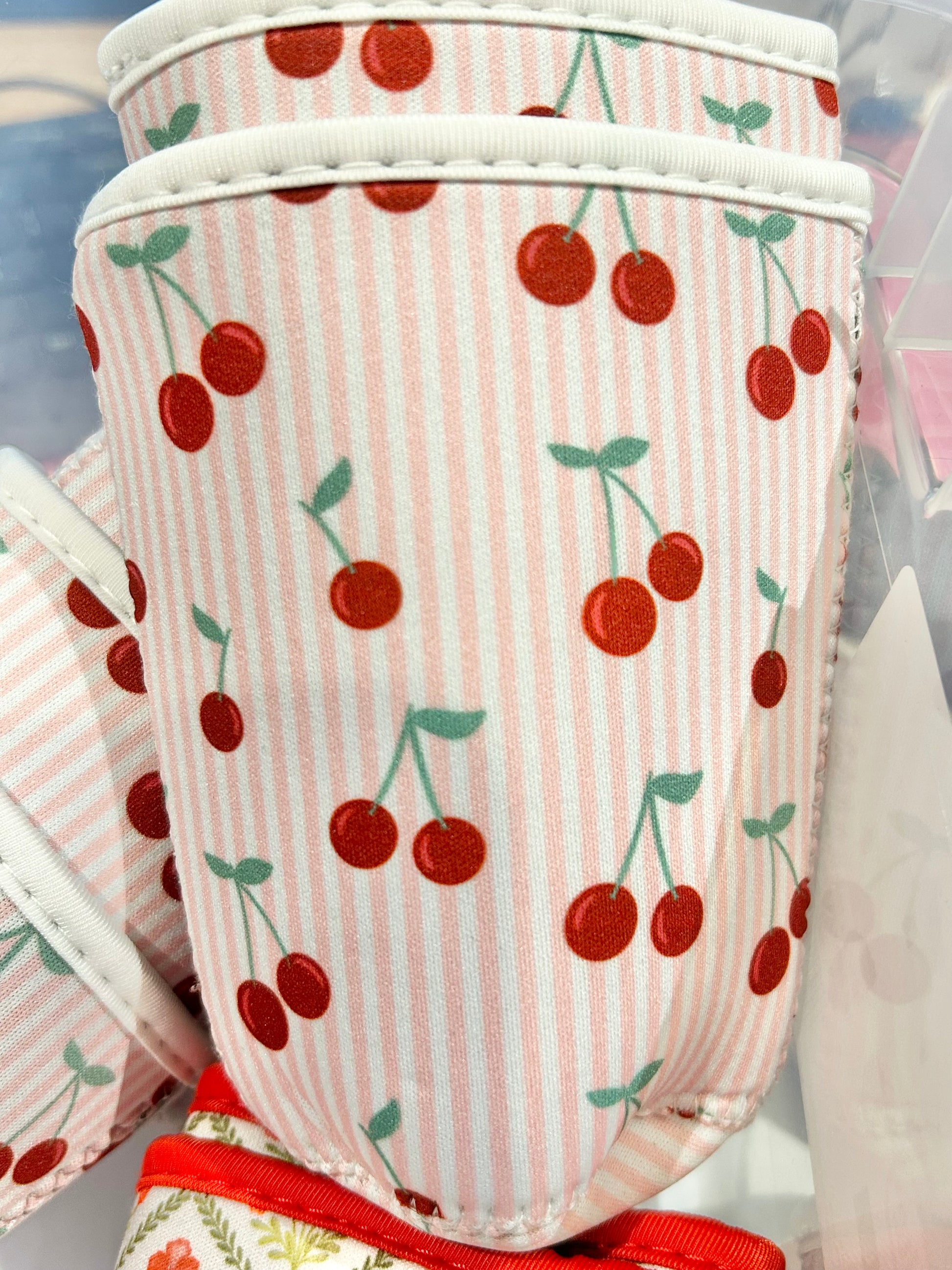 Cup Sleeve - Cherries and Pink Stripes