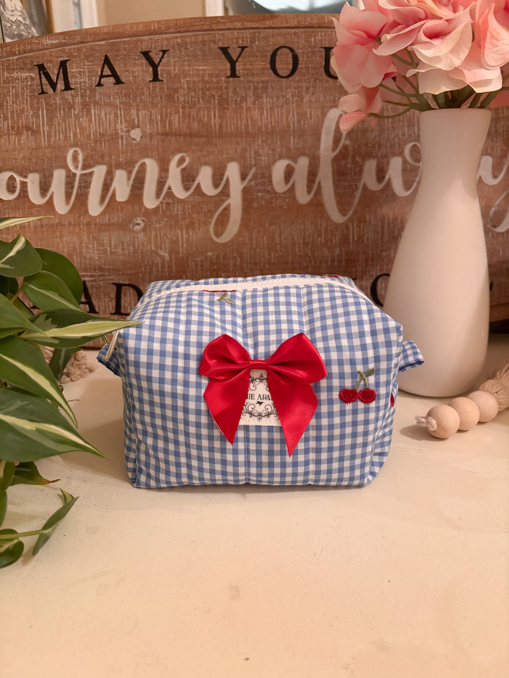 Small Makeup Bag - Blue Gingham & Cherries