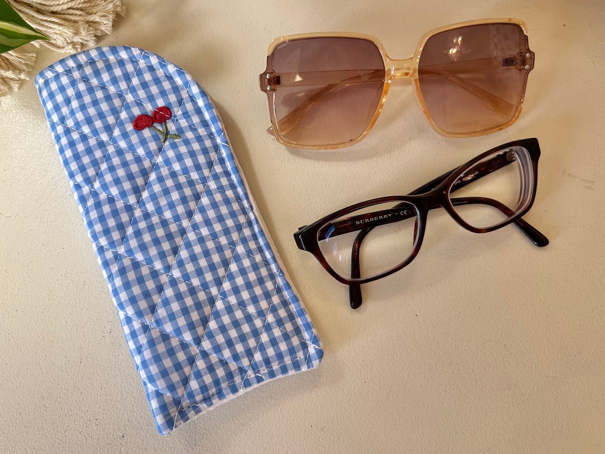 Eyeglasses Case - Blue Gingham & Cherries