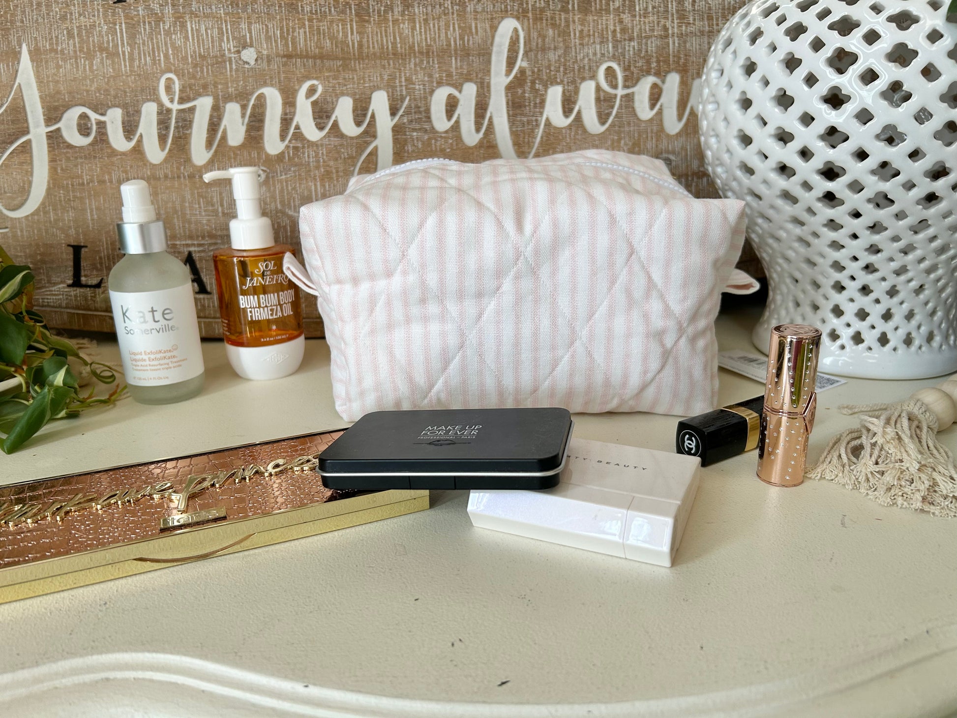 Pink & White Stripes Makeup Bag