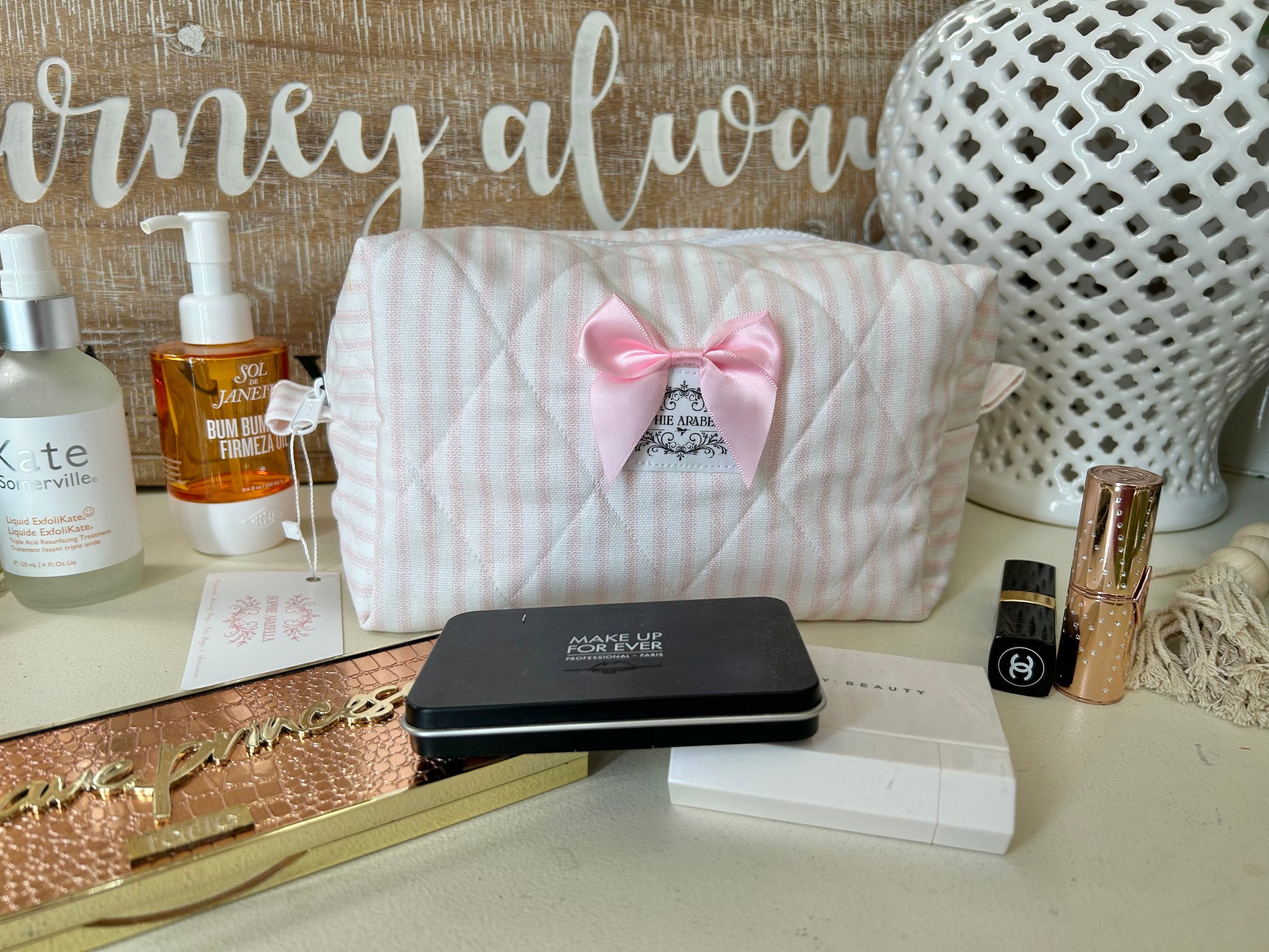 Pink & White Stripes Makeup Bag