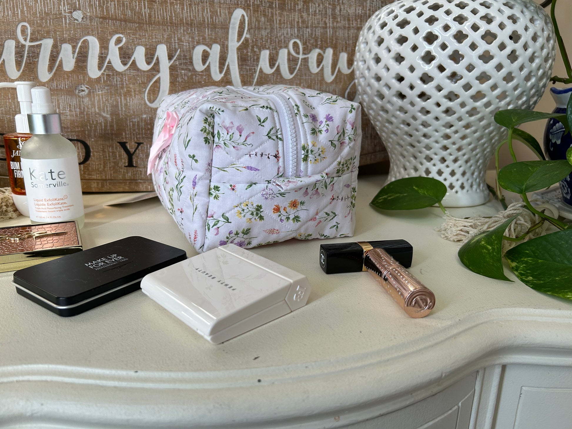 Wildflowers with Pink Gingham Makeup Bag